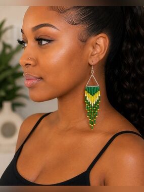 Elegant Beaded Chandelier Earrings in Green and Yellow